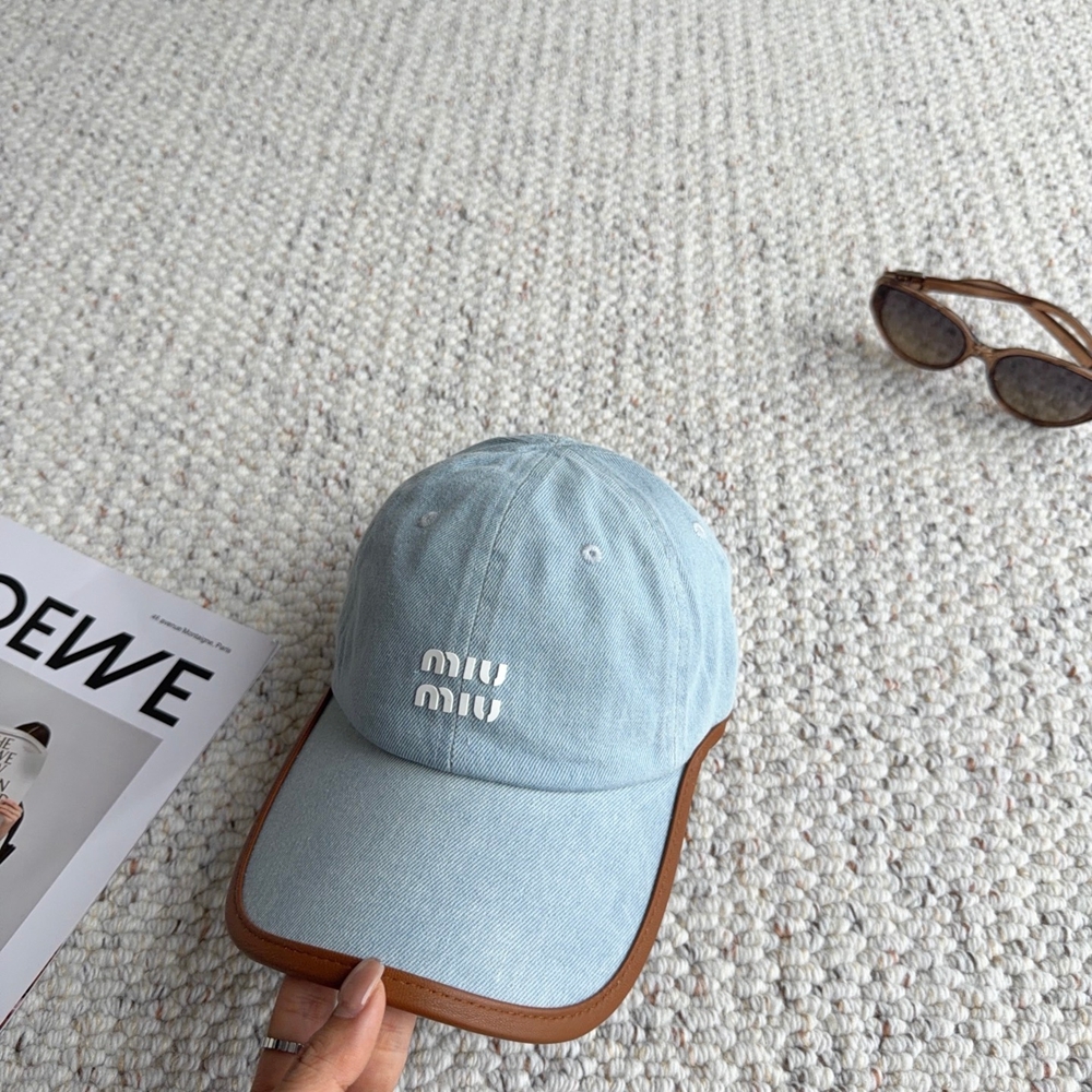 Miu Miu Denim Baseball Cap Light Blue Leather Trim Logo Hat